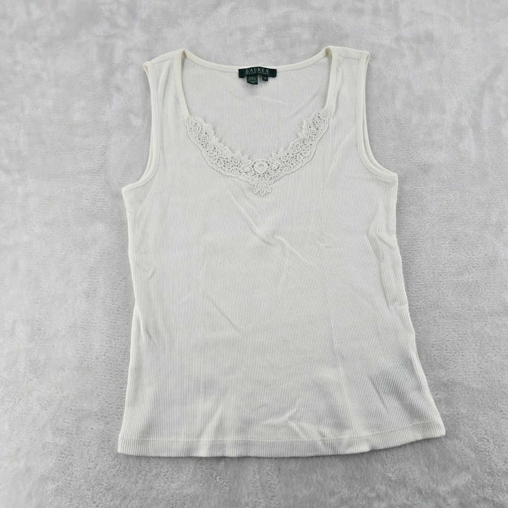 Lauren Ralph Lauren Tank Top M Ribbed Lace Trim V-Neck Cotton White